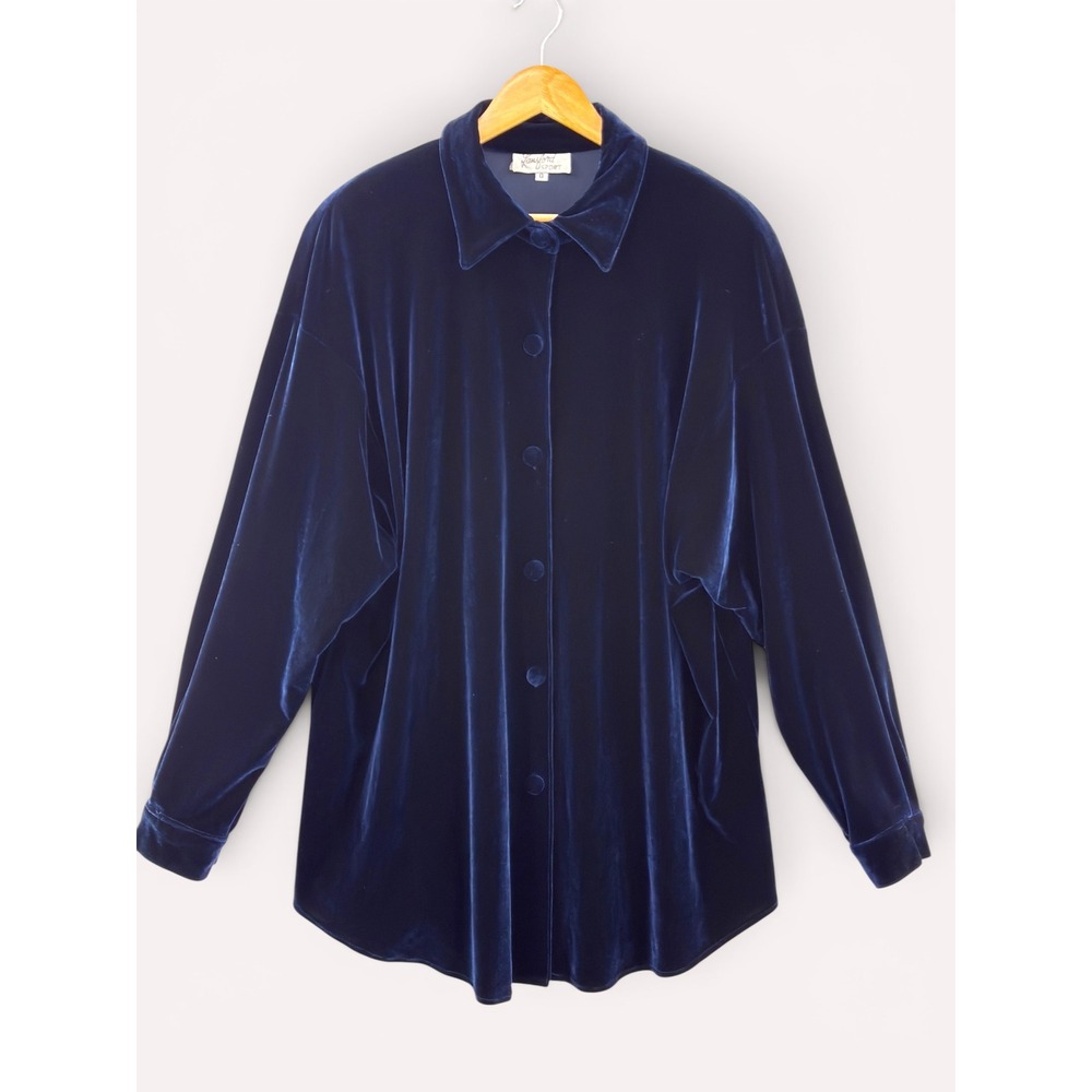 VTG Lansford Sport Silk Velvet Blouse Jacket Midnight Blue Oversized USA Sz 0